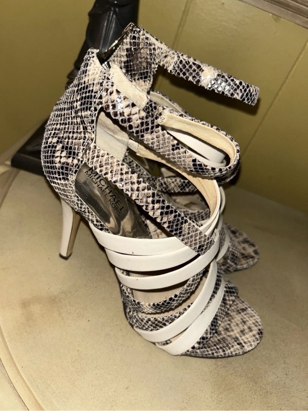 Michael Kors Beige and Black Snake-Print Strappy High Heels